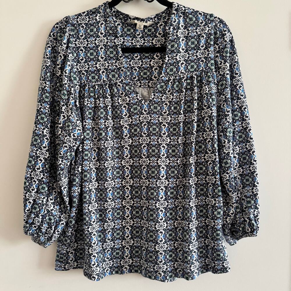 Boden Long Sleeve Floral Blue White Floral Cotton 3/4 Sleeve Top Women's Sz 8 - Picture 1 of 6